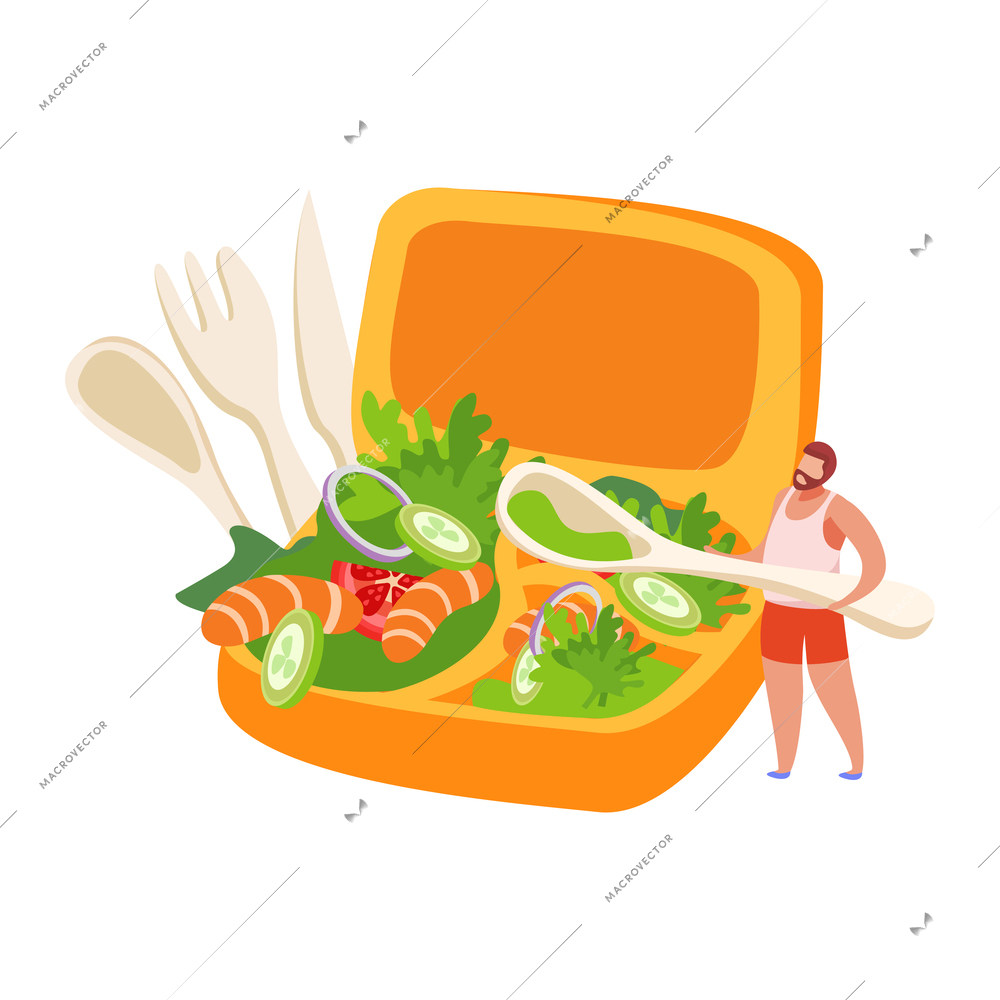 Yellow lunch box with healthy salad and man with spoon flat icon vector illustration