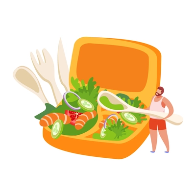Yellow lunch box with healthy salad and man with spoon flat icon vector illustration