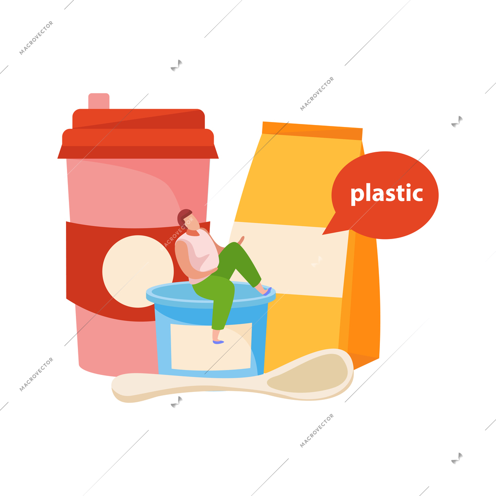 Flat icon with colorful plastic bag glass spoon and human character on white background vector illustration