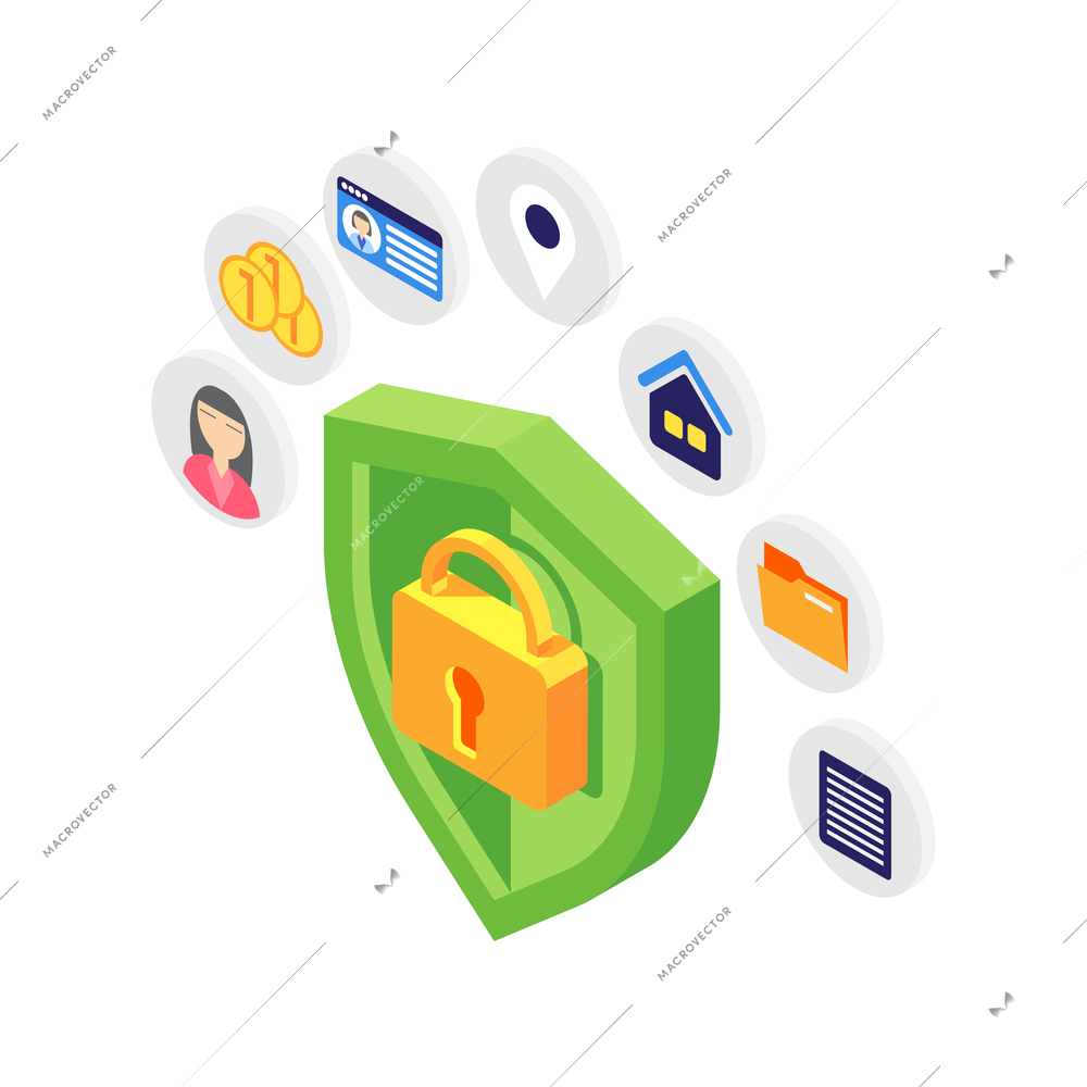 Personal data protection isometric concept with green shield on white background 3d vector illustration