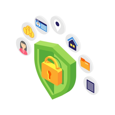 Personal data protection isometric concept with green shield on white background 3d vector illustration