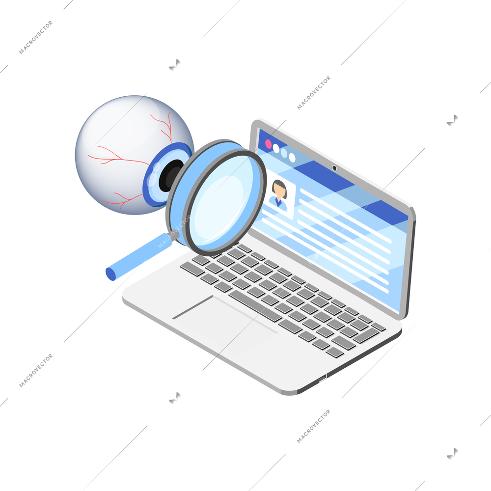 Laptop with personal data being watched isometric concept on white background vector illustration