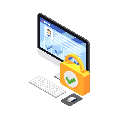 Protected personal data isometric icon with 3d computer and lock vector illustration