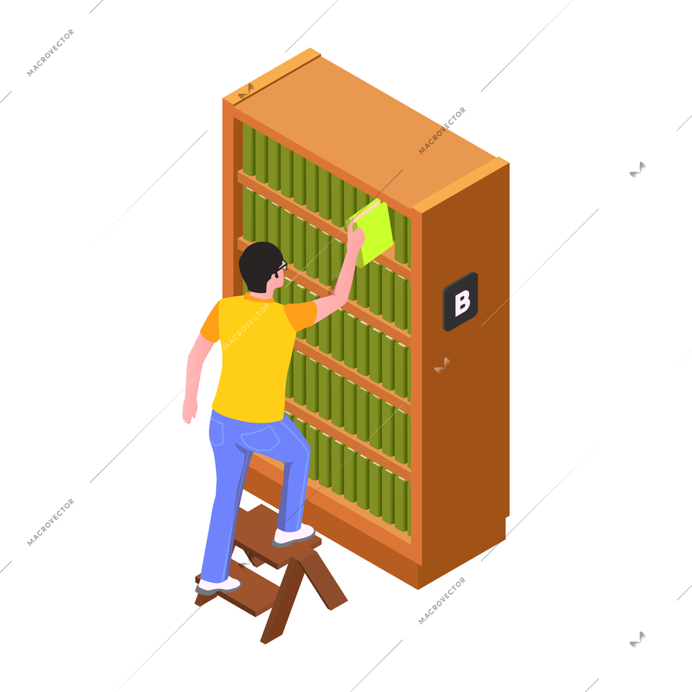 Man standing on ladder and reaching book from top shelf in library isometric vector illustration