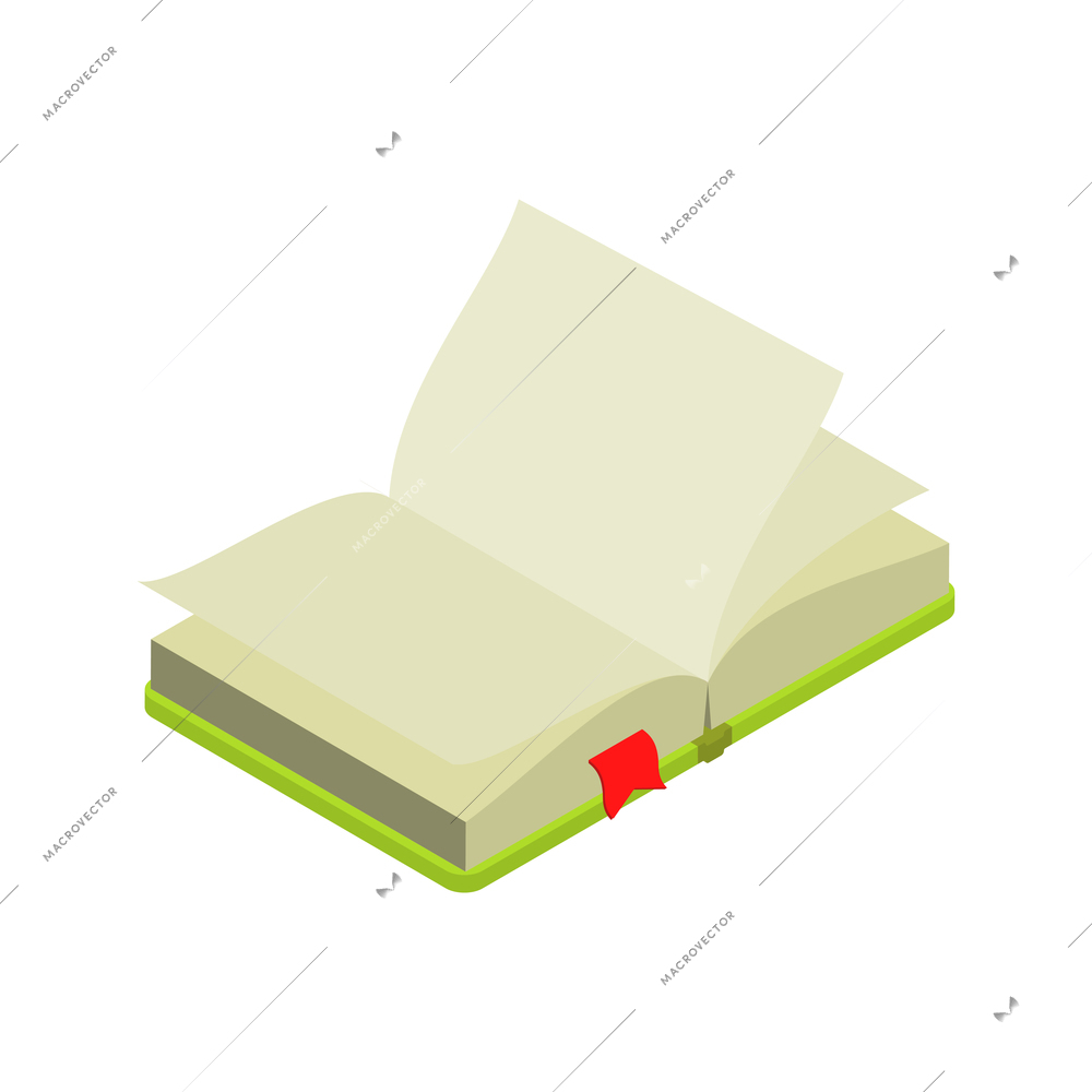 Open book in green cover with red bookmark on white background isometric icon vector illustration