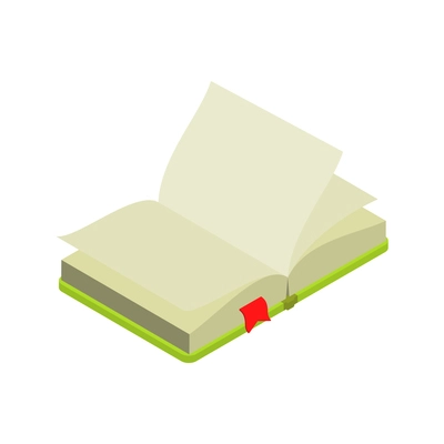 Open book in green cover with red bookmark on white background isometric icon vector illustration