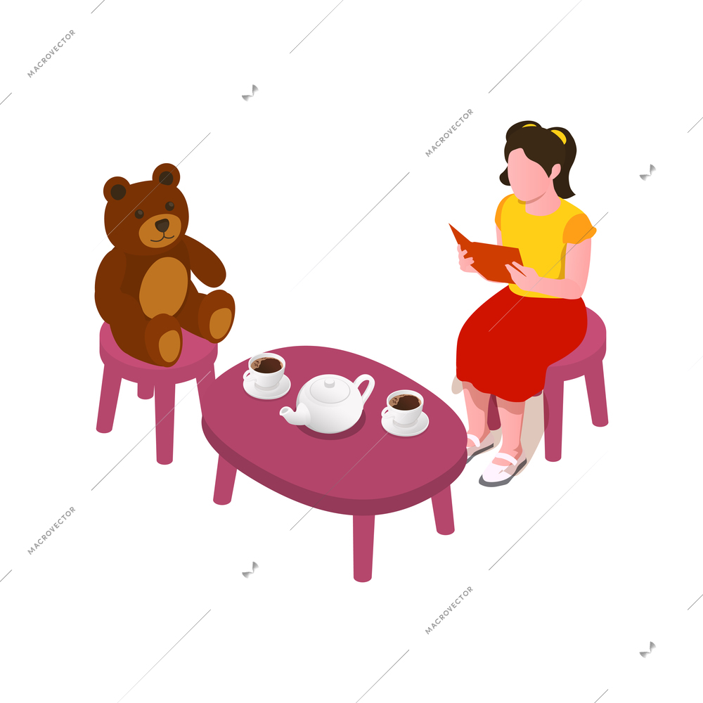 Little girl reading book while drinking coffee with teddy bear isometric vector illustration