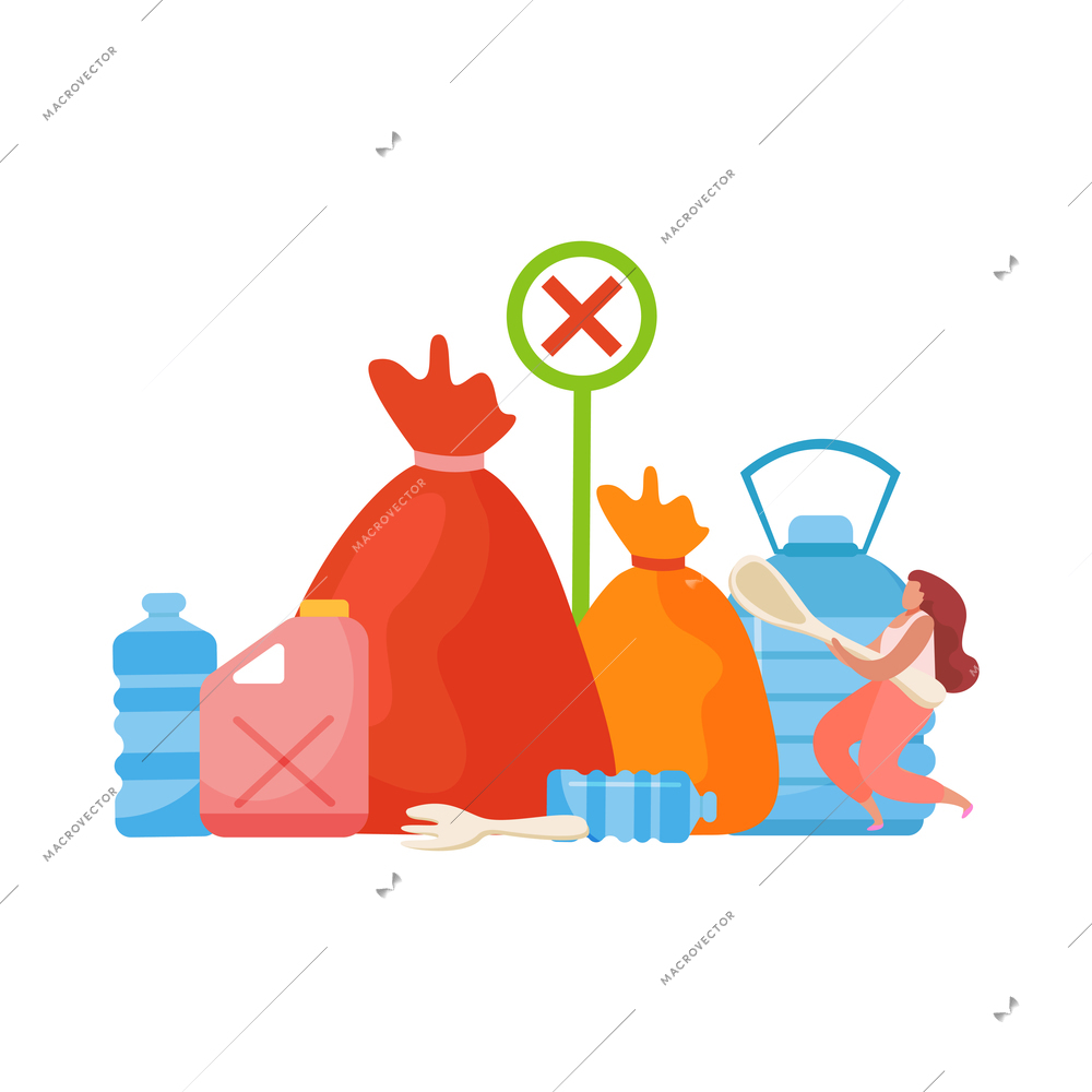 Stop plastic concept with bottles bags and cutlery flat vector illustration