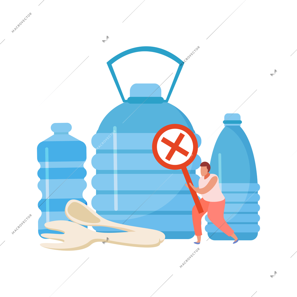 Flat concept of stop plastic pollution with bottles fork and spoon vector illustration