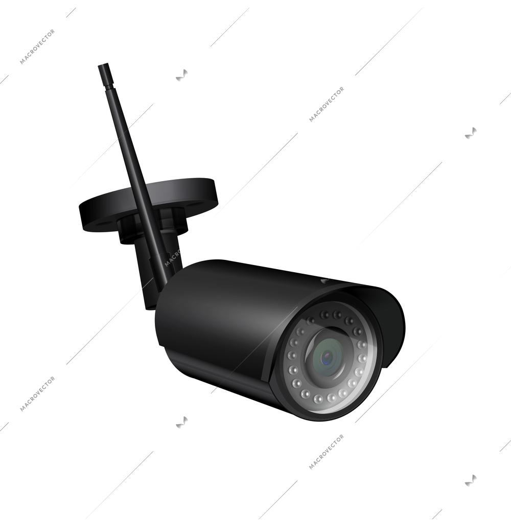 Black video surveillance camera realistic icon on white background vector illustration
