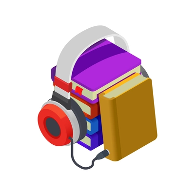 Colored isometric icon with stack of books and headphones vector illustration