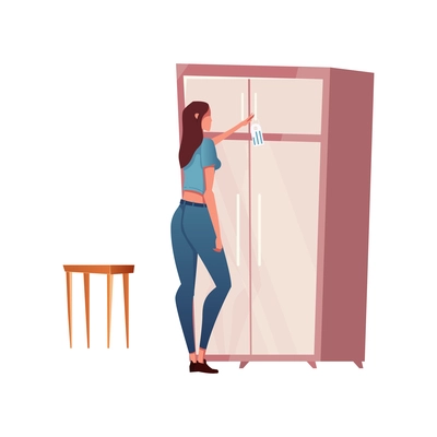 Woman looking at wardrobe in furniture store flat vector illustration