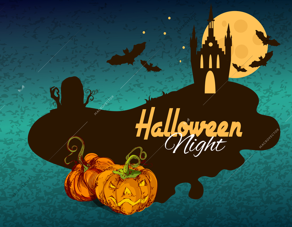 Halloween colored sketch background with night castle silhouette vector illustration