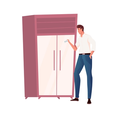 Man looking at price of wardrobe in furniture store flat vector illustration