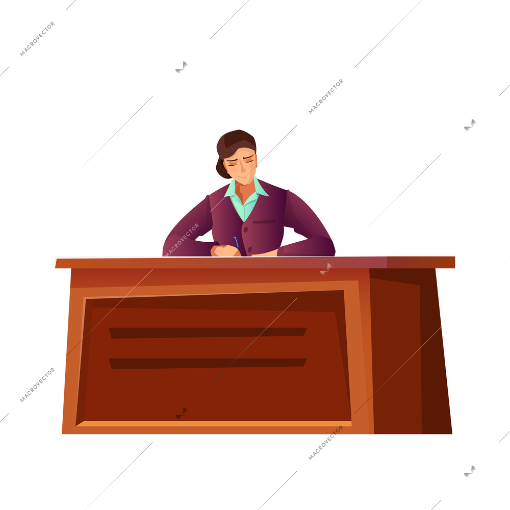 Woman politician writing at desk flat icon vector illustration