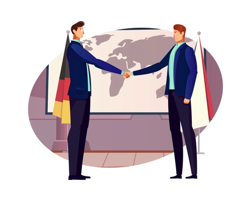 Diplomacy flat composition with two characters handshaking on background with world map and flags vector illustration