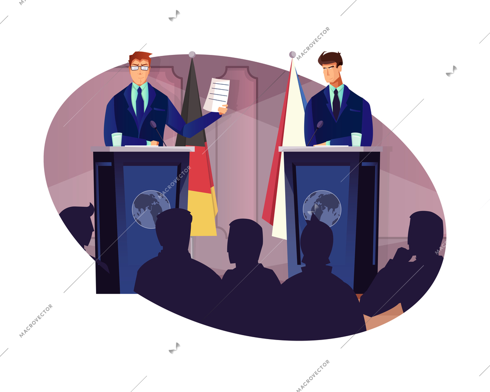 Flat diplomacy composition with two representatives speaking at conference vector illustration