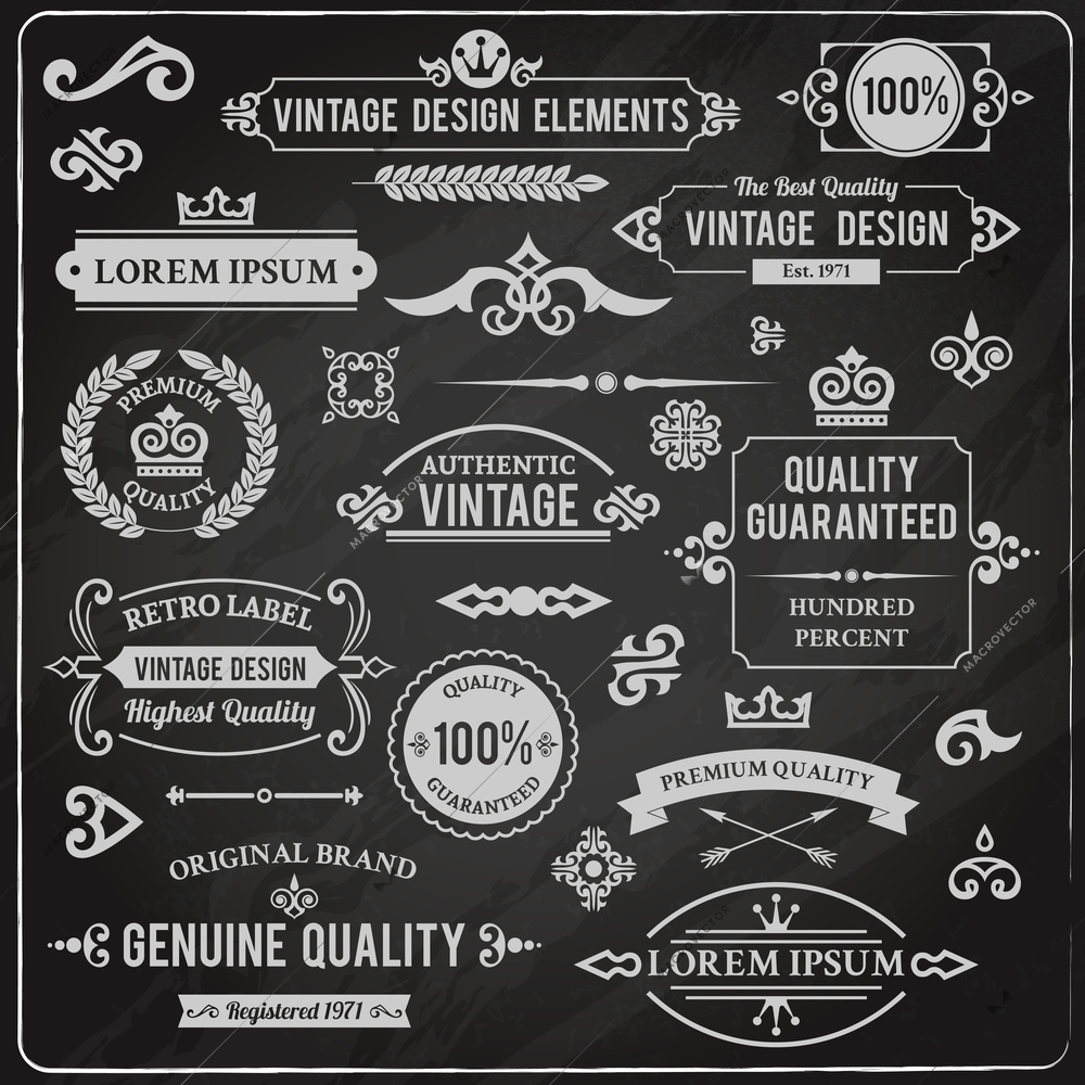 Vintage design elements frames and ornaments chalkboard decorative set isolated vector illustration