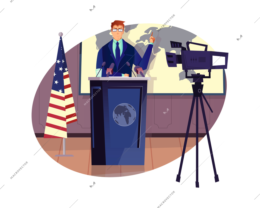 Speaking politician being filmed with camera flat composition vector illustration