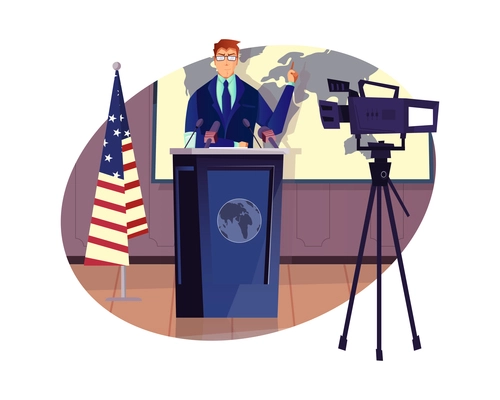 Speaking politician being filmed with camera flat composition vector illustration