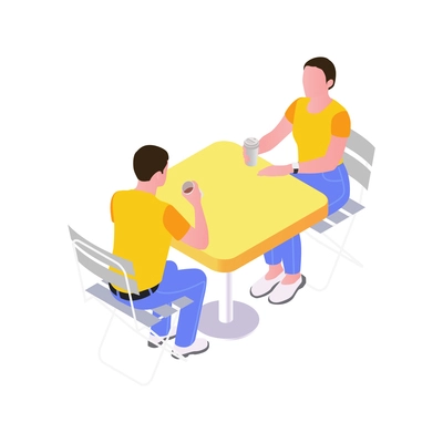 Two people drinking coffee from plastic glasses at outdoor cafe table isometric vector illustration