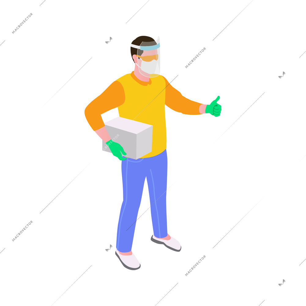 Courier in medical mask and gloves holding parcel isometric icon vector illustration