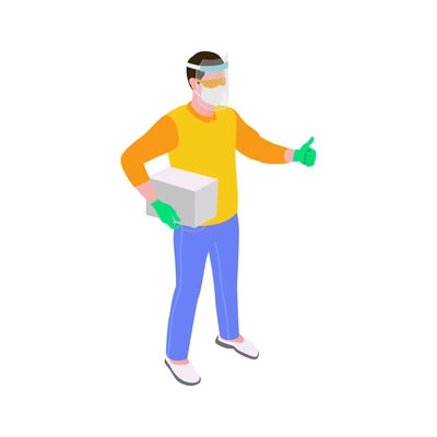 Courier in medical mask and gloves holding parcel isometric icon vector illustration