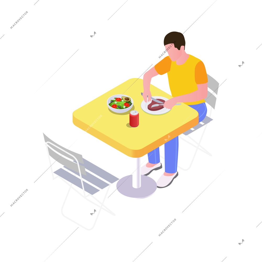 Isometric man having dinner at outdoor table 3d vector illustration