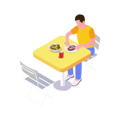 Isometric man having dinner at outdoor table 3d vector illustration