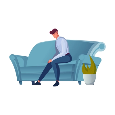 Sad man sitting on sofa flat vector illustration