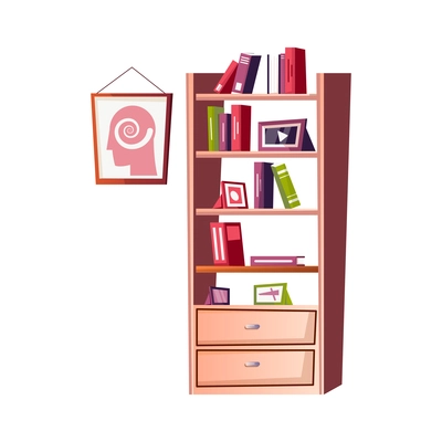 Flat psychologist office interior icon with bookcase and poster on wall vector illustration