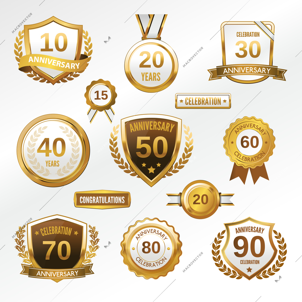 Anniversary celebration golden labels and badges set isolated vector illustration