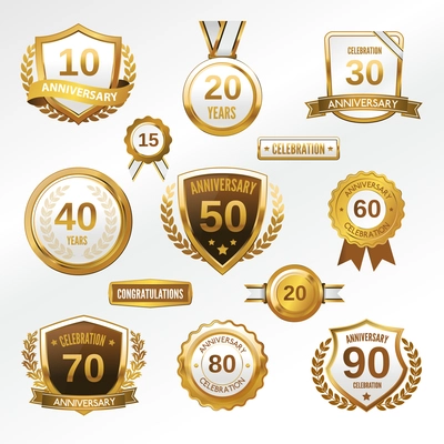 Anniversary celebration golden labels and badges set isolated vector illustration