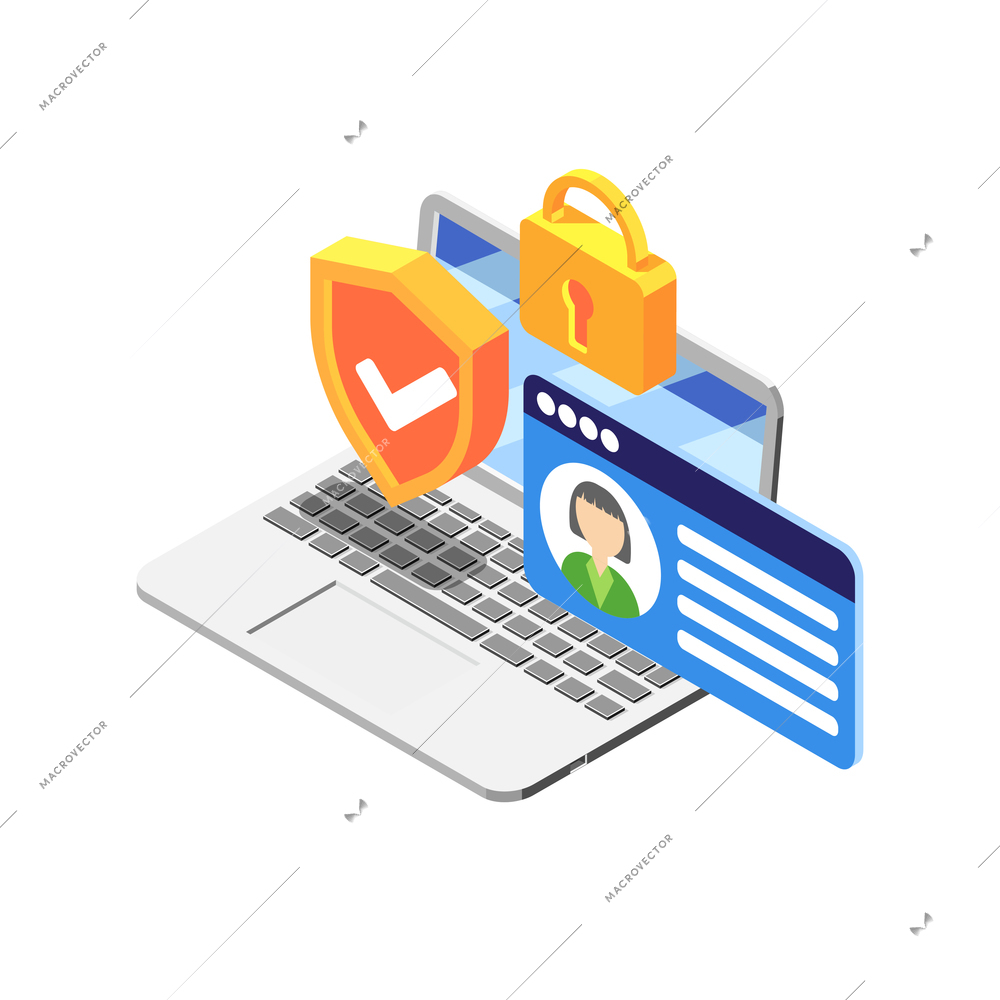 Protected personal data on laptop isometric icon with colorful elements on white background vector illustration