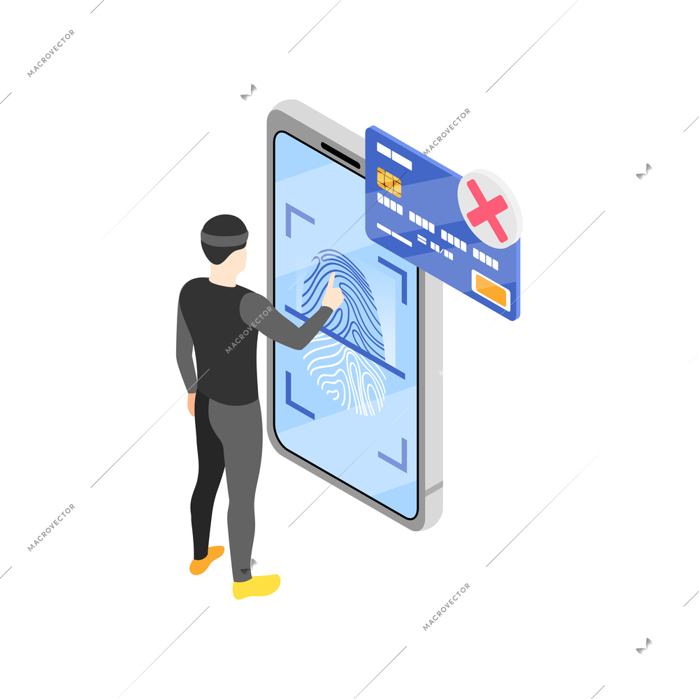 Isometric icon of hacker character and smartphone protected with fingerprint recognition technology vector illustration