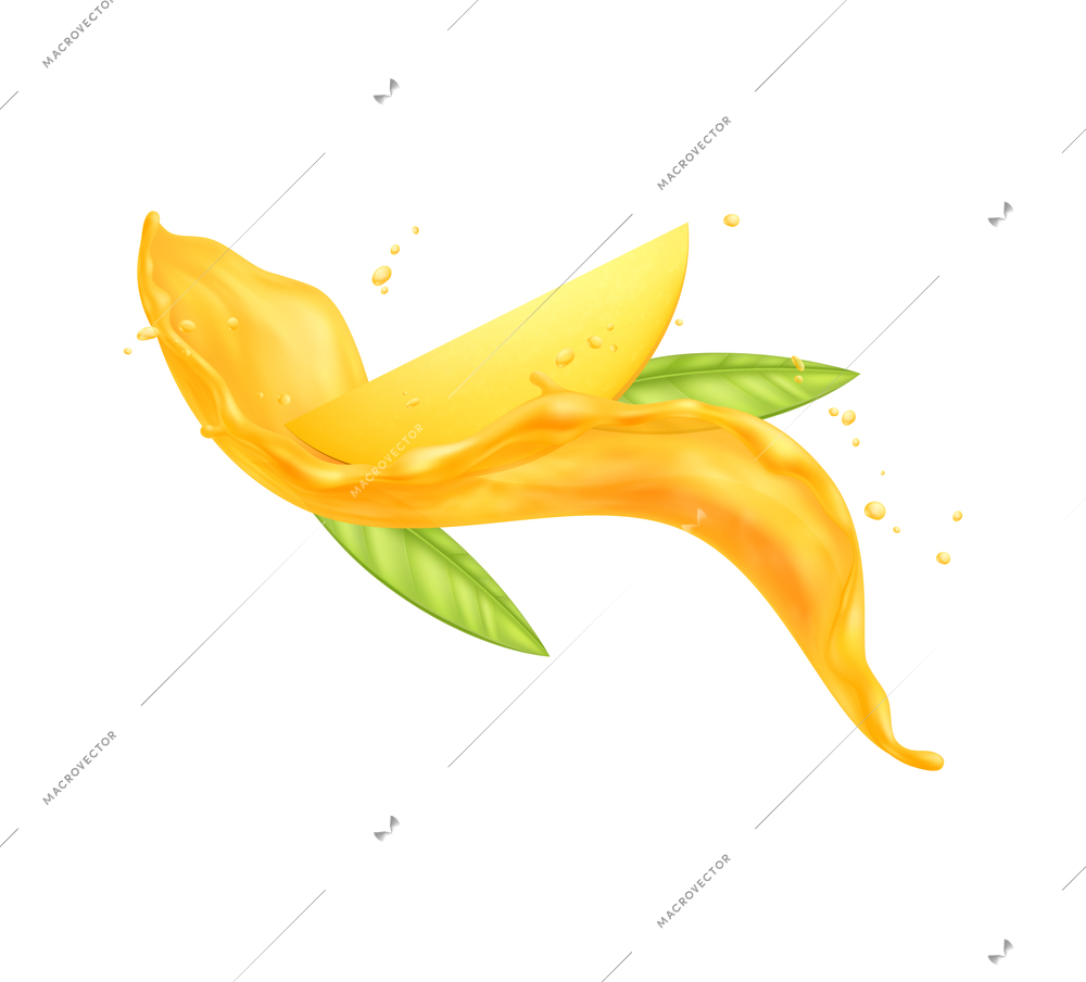 Fresh mango slice and green leaves in juice splashes realistic vector illustration