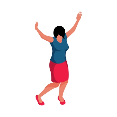 Isometric character of dancing woman with short black hair blue blouse red skirt and shoes vector illustration