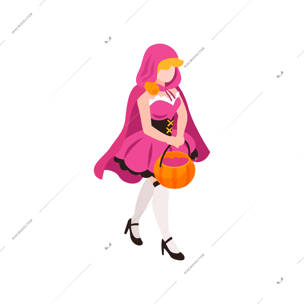 Isometric 3d halloween costume of little red riding hood on white background vector illustration