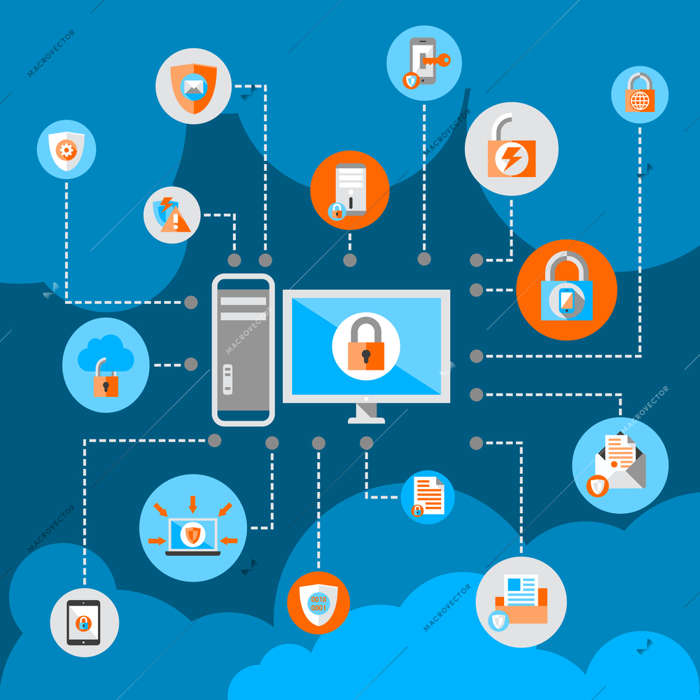 Business document and date files protection technology and online network security concept flat vector illustration