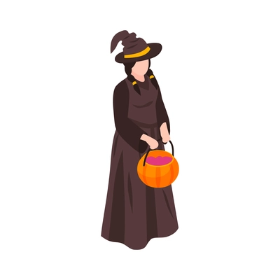 Isometric woman in black halloween costume of witch 3d vector illustration