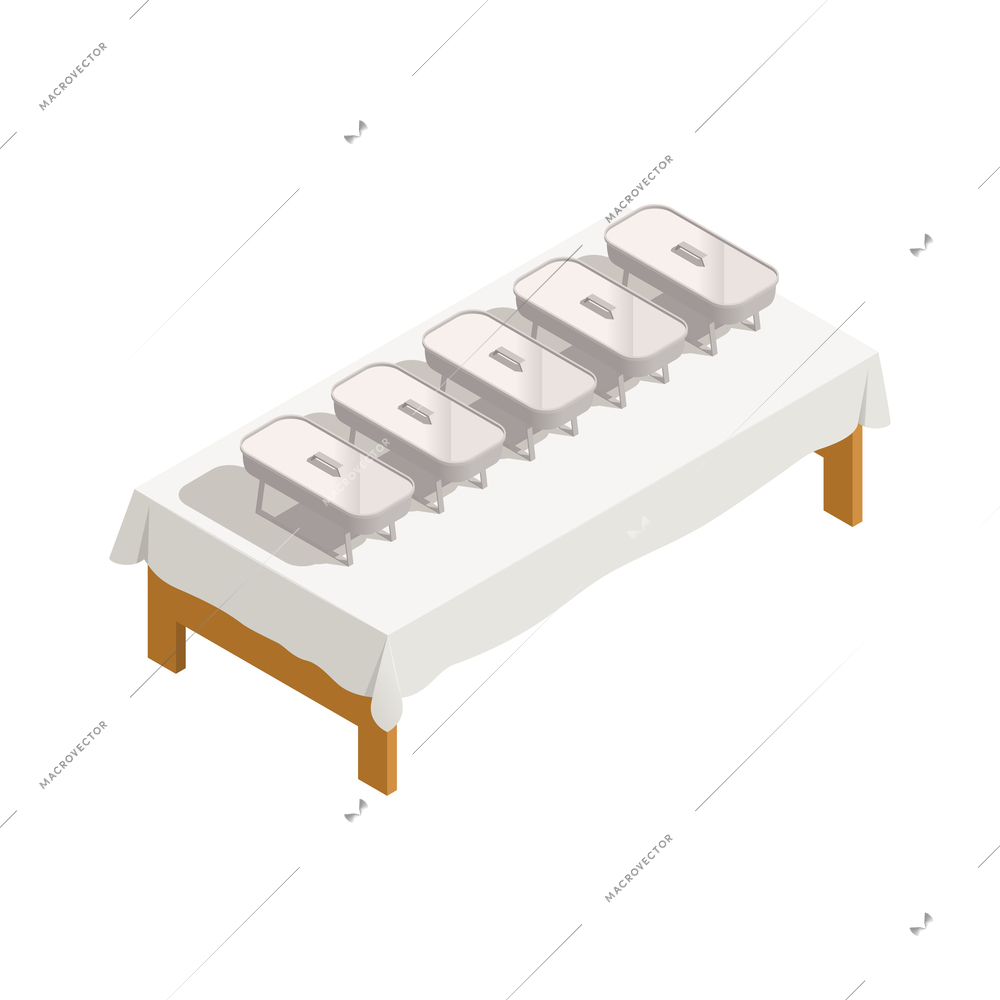 Catering isometric icon with metal trays on table 3d vector illustration