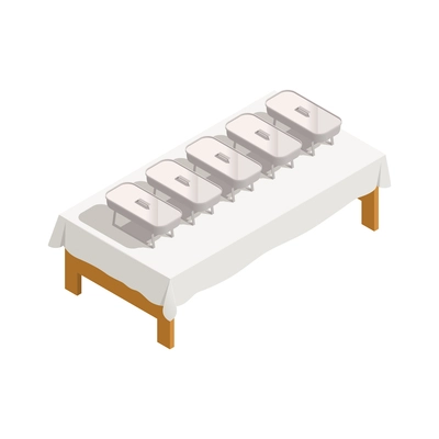 Catering isometric icon with metal trays on table 3d vector illustration