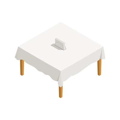 Square restaurant table with white cloth and napkins 3d isometric vector illustration