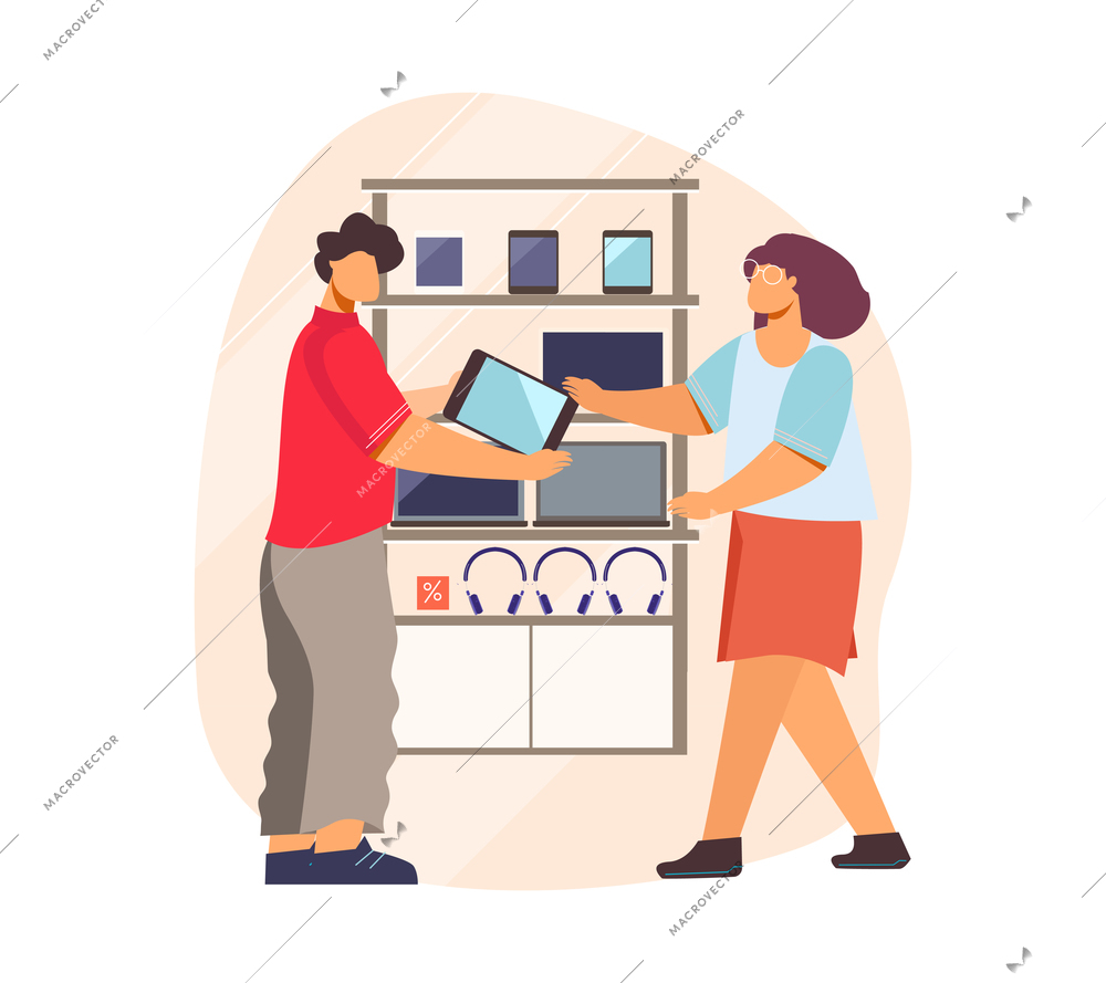 Electronics store composition with woman buying tablet flat vector illustration