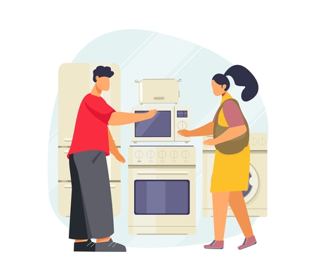 Flat composition with woman choosing home appliances at store vector illustration