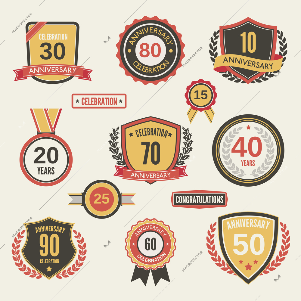 Anniversary celebration retro label set isolated vector illustration