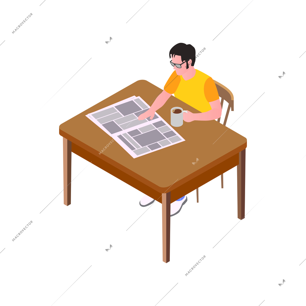 Man in glasses drinking coffee and reading newspaper at dinner table isometric vector illustration