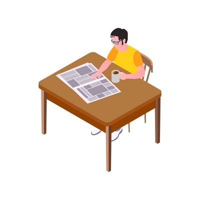 Man in glasses drinking coffee and reading newspaper at dinner table isometric vector illustration