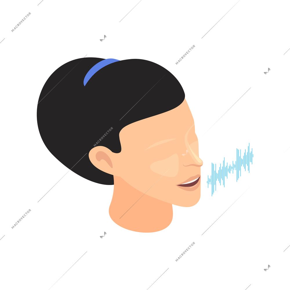 Isometric voice assistant app concept with female head and sound wave 3d vector illustration