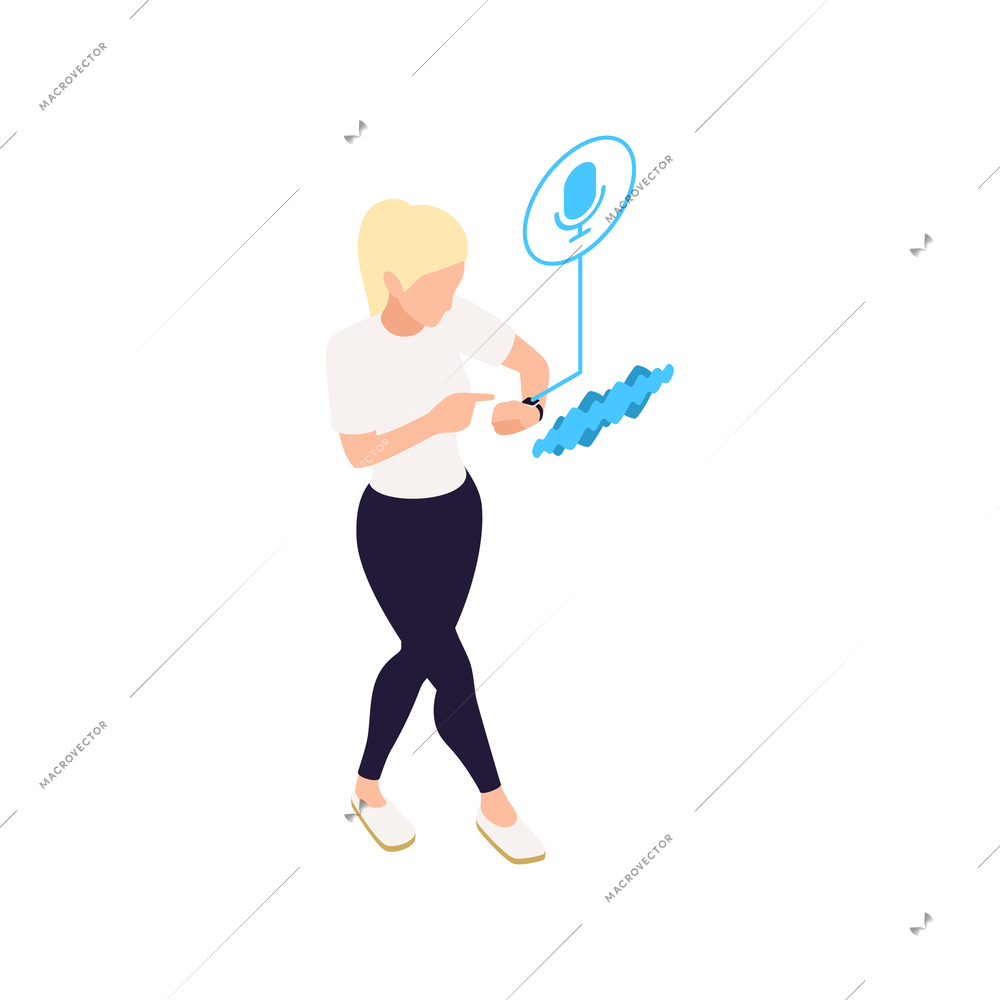 Isometric woman using personal assistant app with voice recognition on smartphone vector illustration